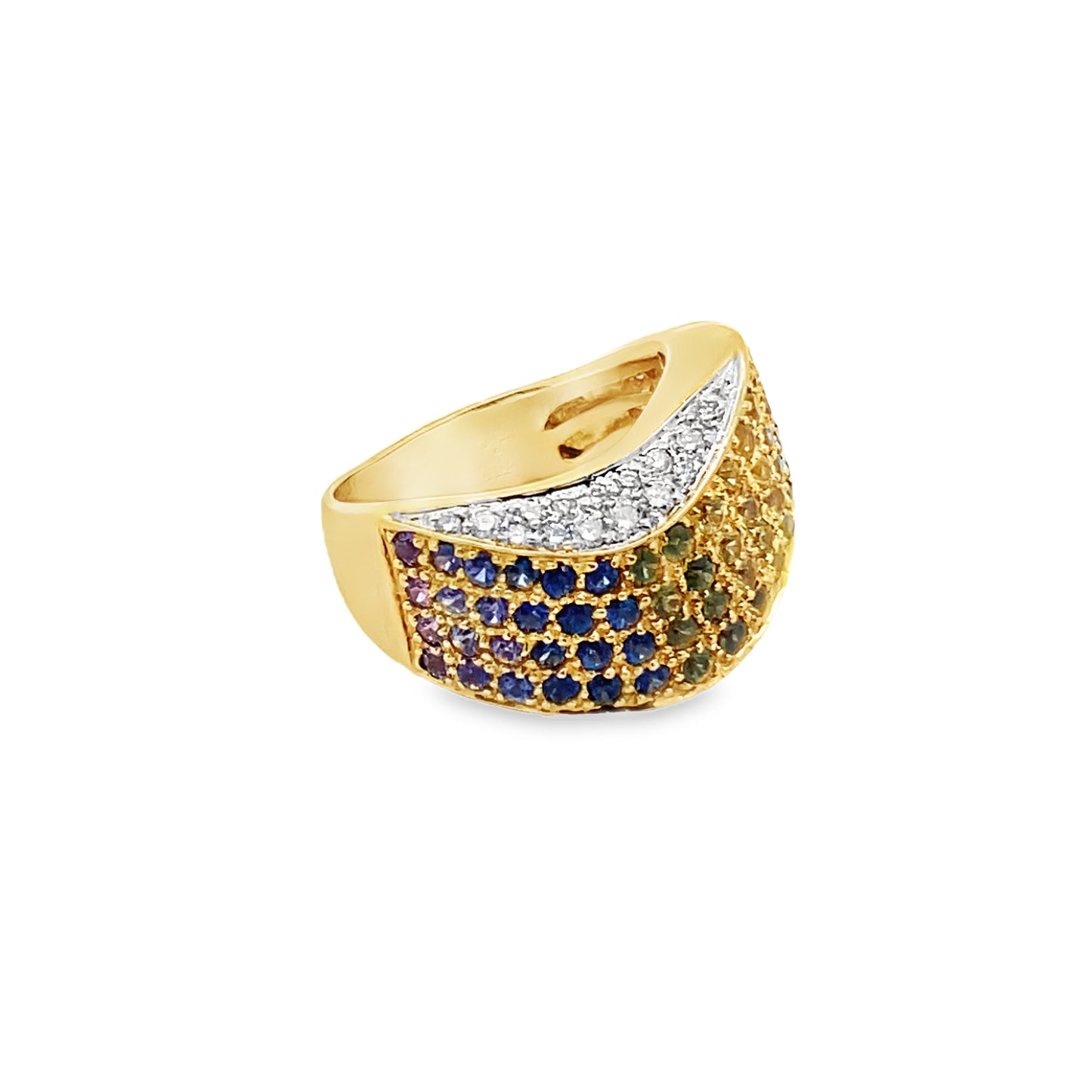Rainbow Sapphire and Diamond Multi Row Statement Ring in 18K Yellow Gold
