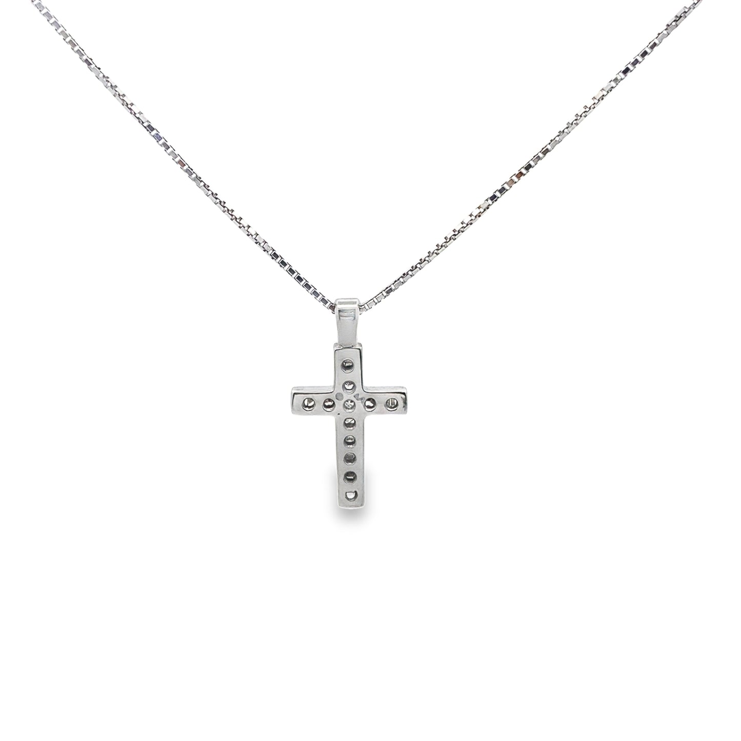 Deep Set Square Cut Diamond Cross Necklace in 14K White Gold