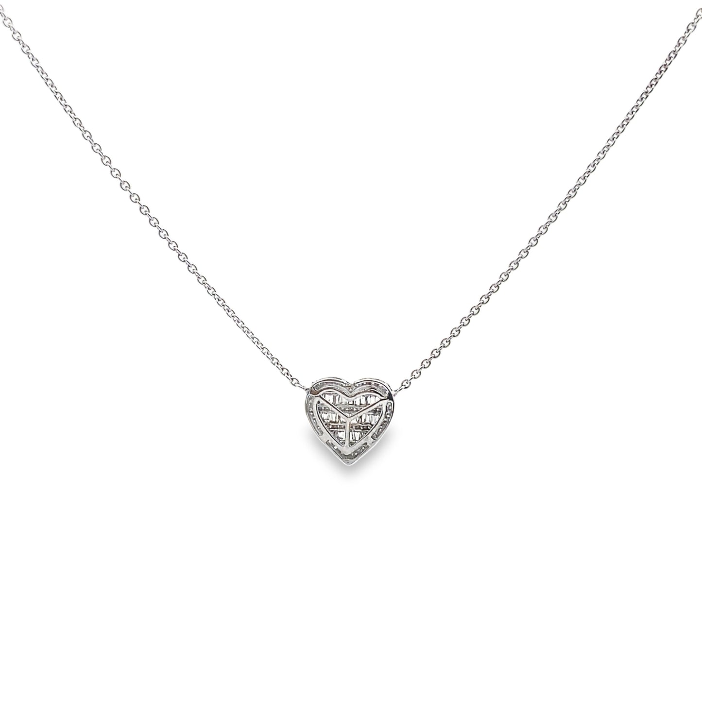 Baguette and Round Cut Diamond Heart Necklace in 14K White Gold