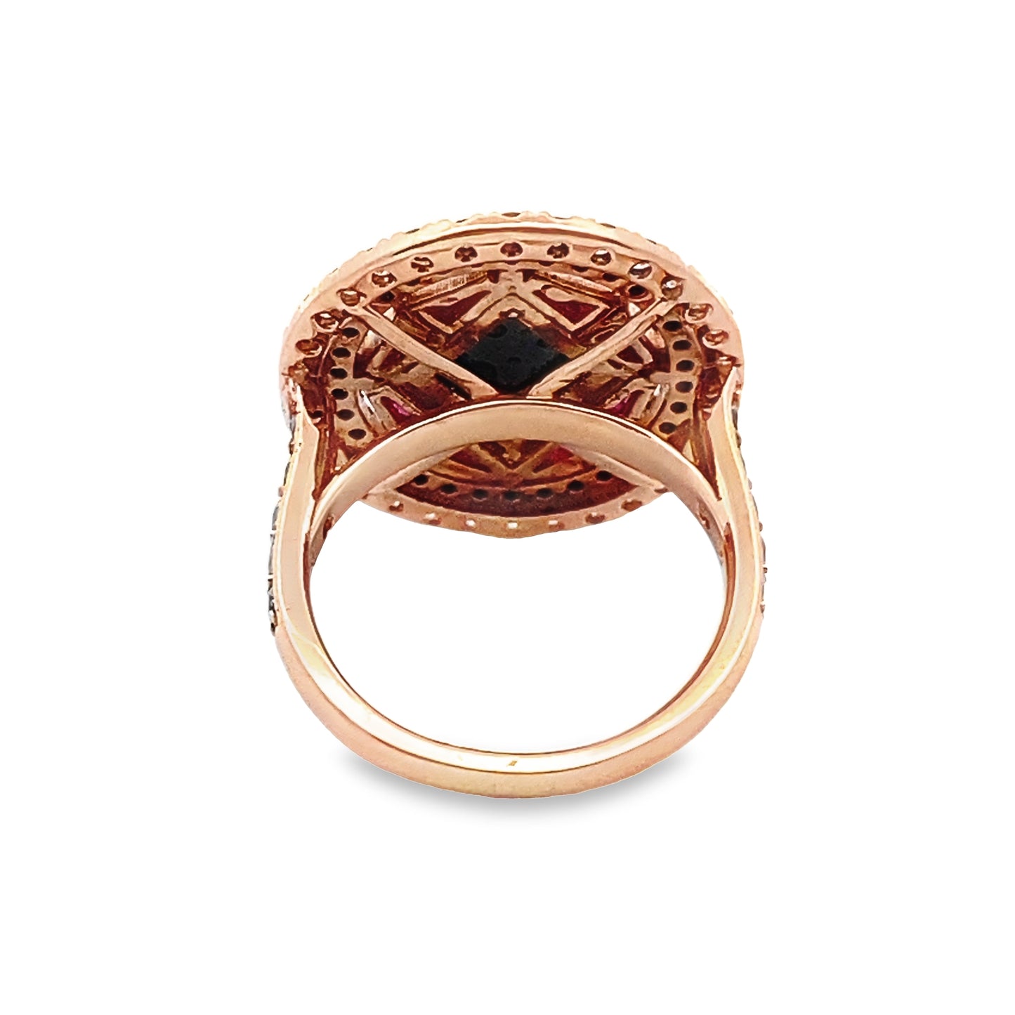 Statement Ring with Ruby, Black and White Diamonds in 14K Rose Gold
