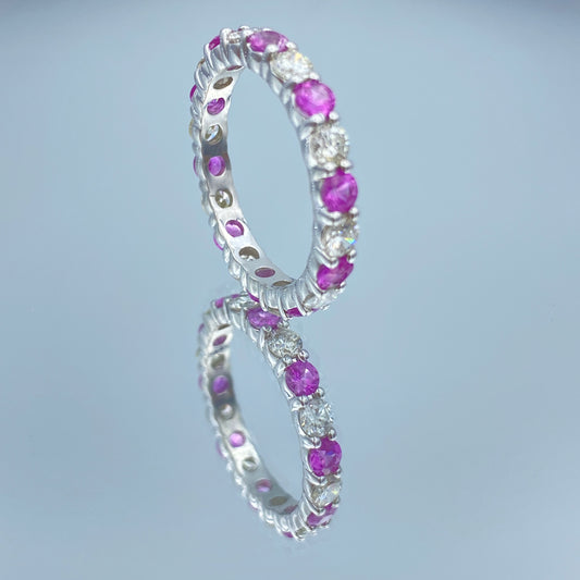 Alternating pink tourmalines and diamond Eternity Ring in 14K White Gold - L and L Jewelry