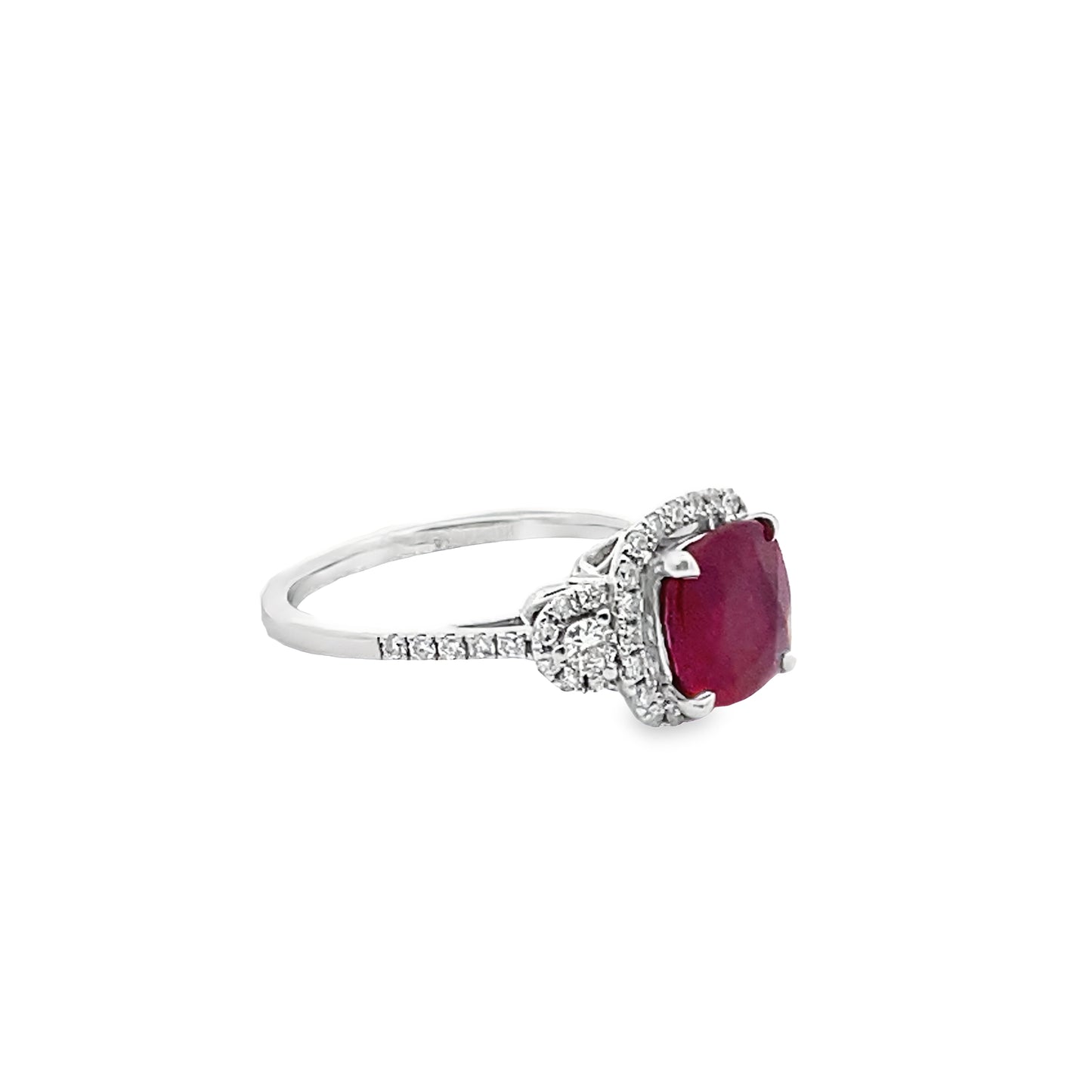 Halo Cushion-Cut Ruby and Round Brilliant-Cut Diamond Ring in 14K White Gold