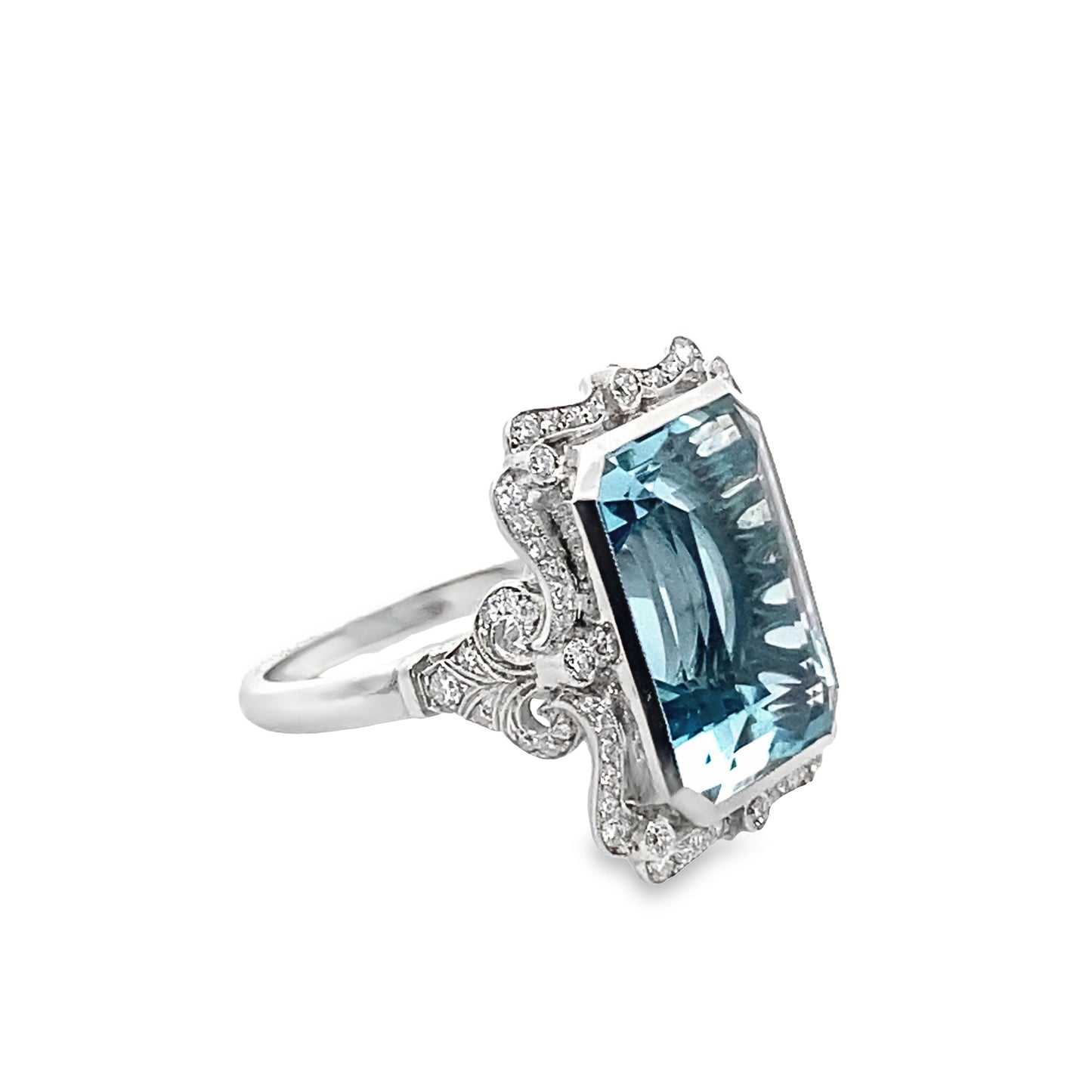 Aquamarine Statement Ring with Pave Diamonds in 18K White Gold