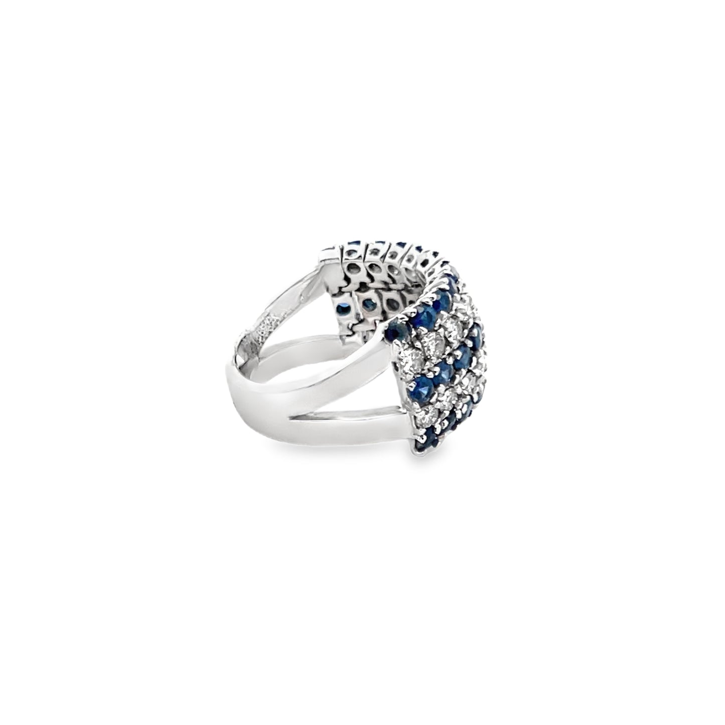 Multi-Row Round Cut Sapphire and Diamond Halfway Flexible Ring Band in 14K White Gold