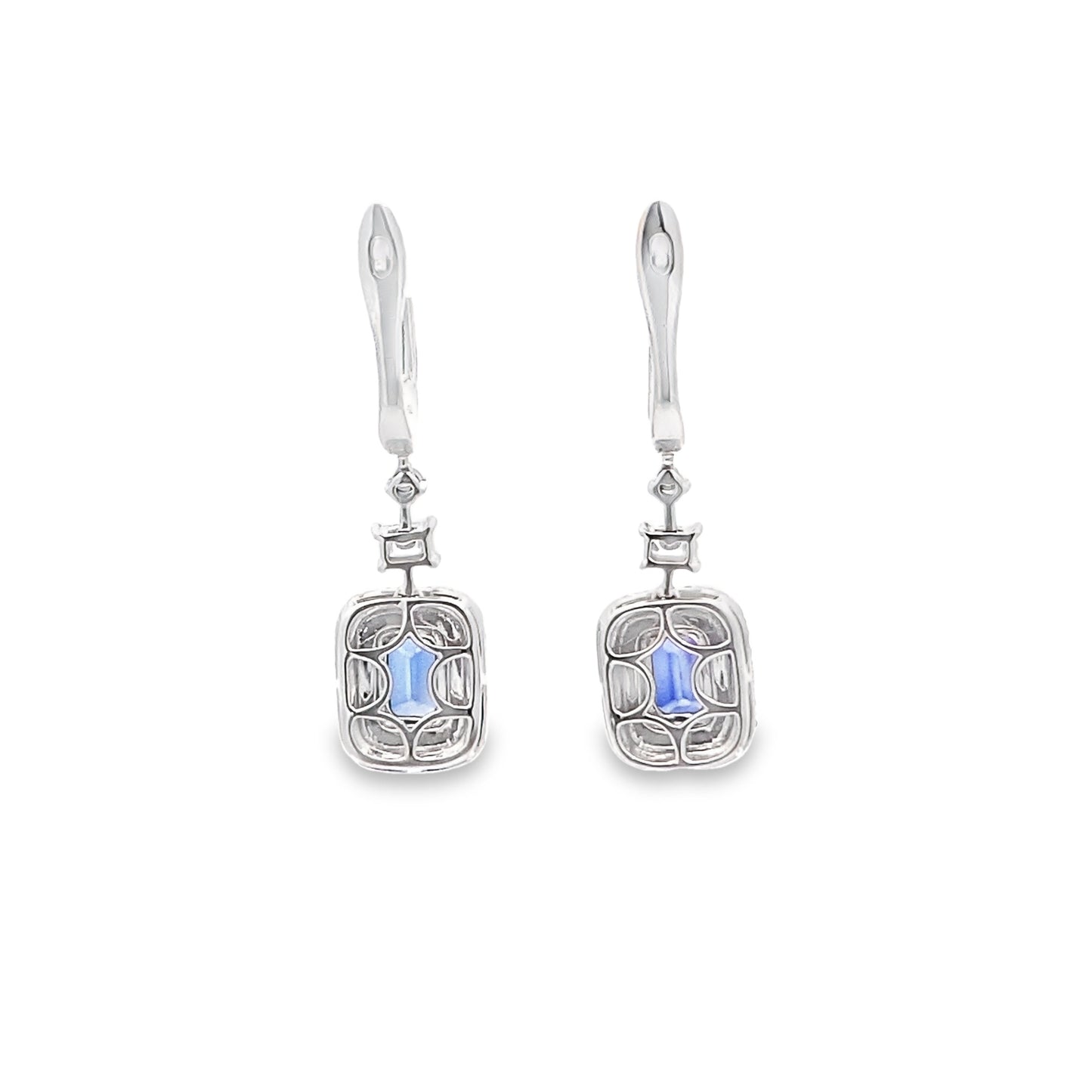 Blue Sapphire Lever back Dangle Earrings with Double Diamond Halo in 18K White Gold
