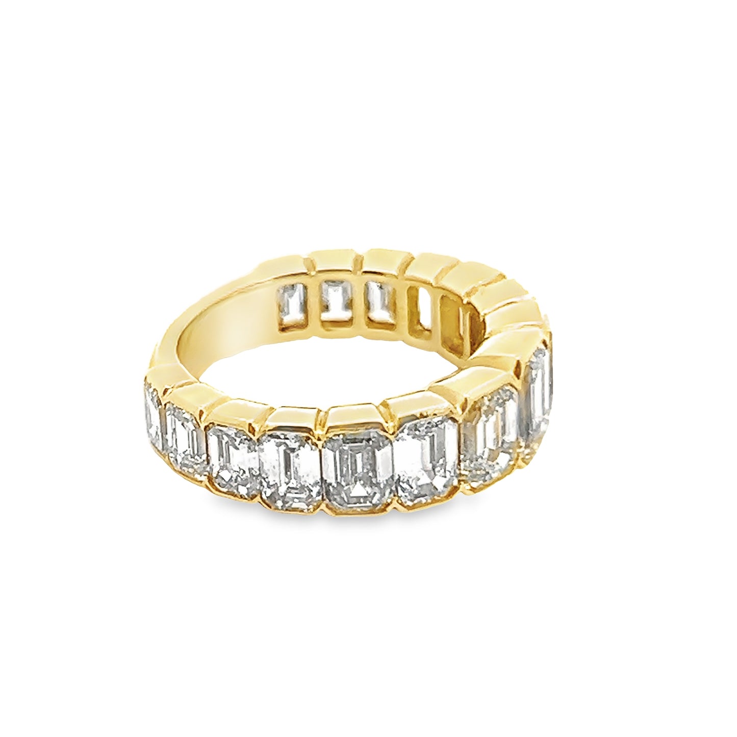 Graduated Diamond Emerald Cut Bezel Set Eternity Ring in 18K Yellow Gold