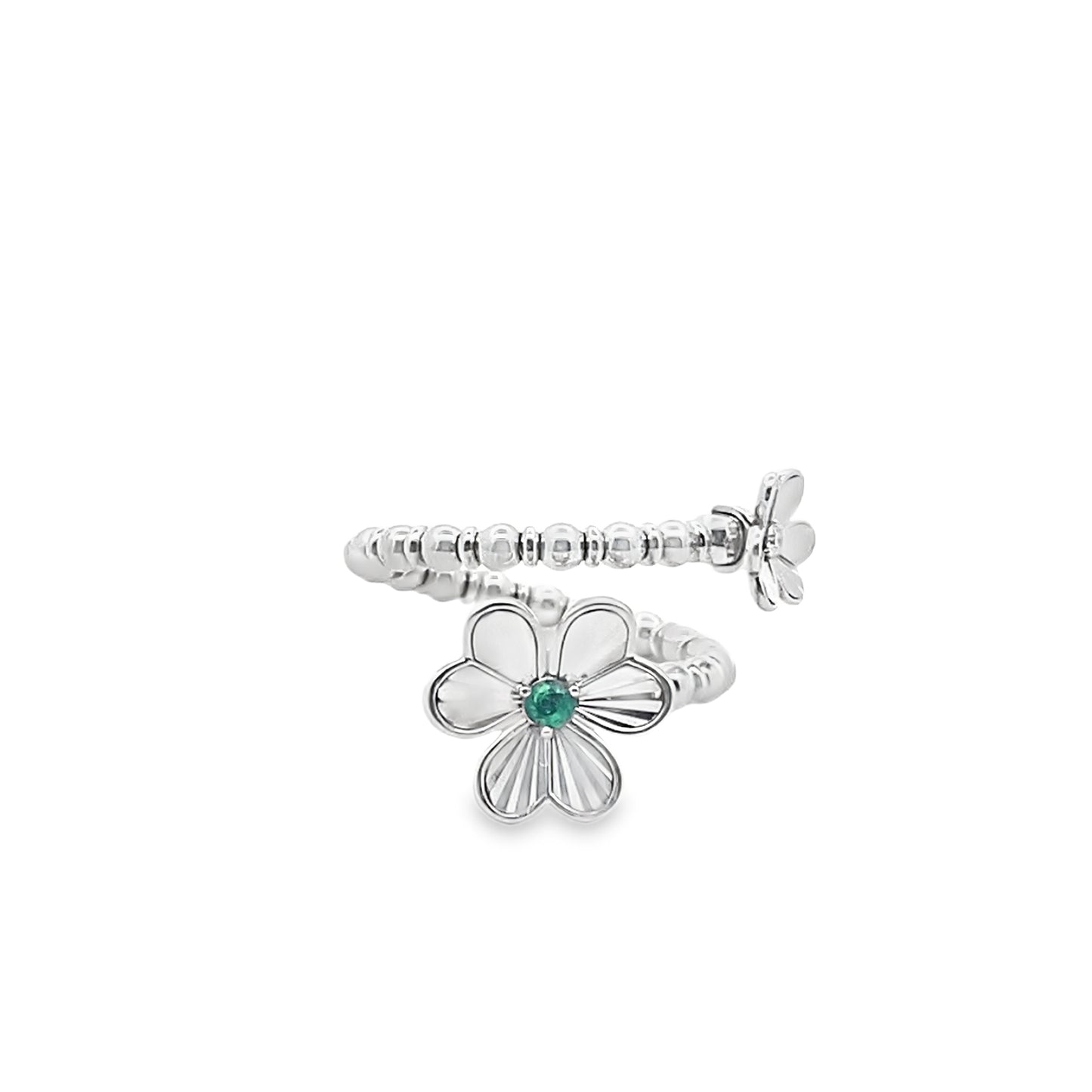 Beaded Double Flower Ring with an Emerald and Diamond Center in 14K White Gold