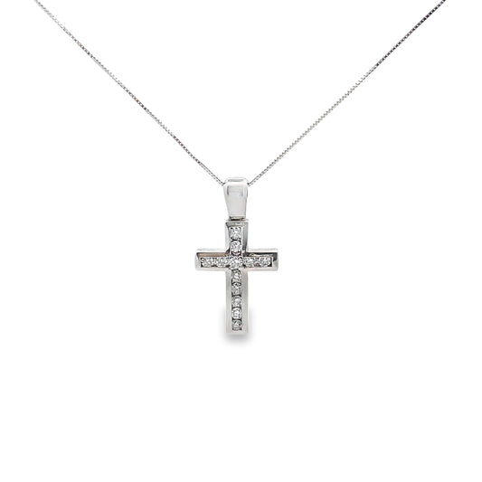 Deep Set Round Cut Diamond Cross Necklace in 14K White Gold
