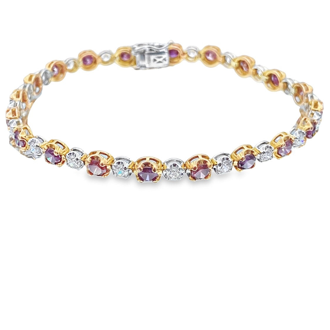 Alternating Pink Purple and White Diamonds in 14K Two Tone Rose Gold and White Gold Tennis Bracelet