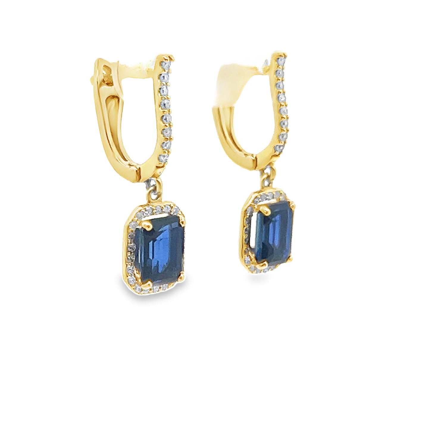 Sapphire and Diamond Halo Dangle Earrings in 14K Yellow Gold