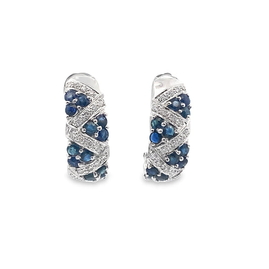 Diamond and Blue Sapphire Clip On Earrings in 18K White Gold