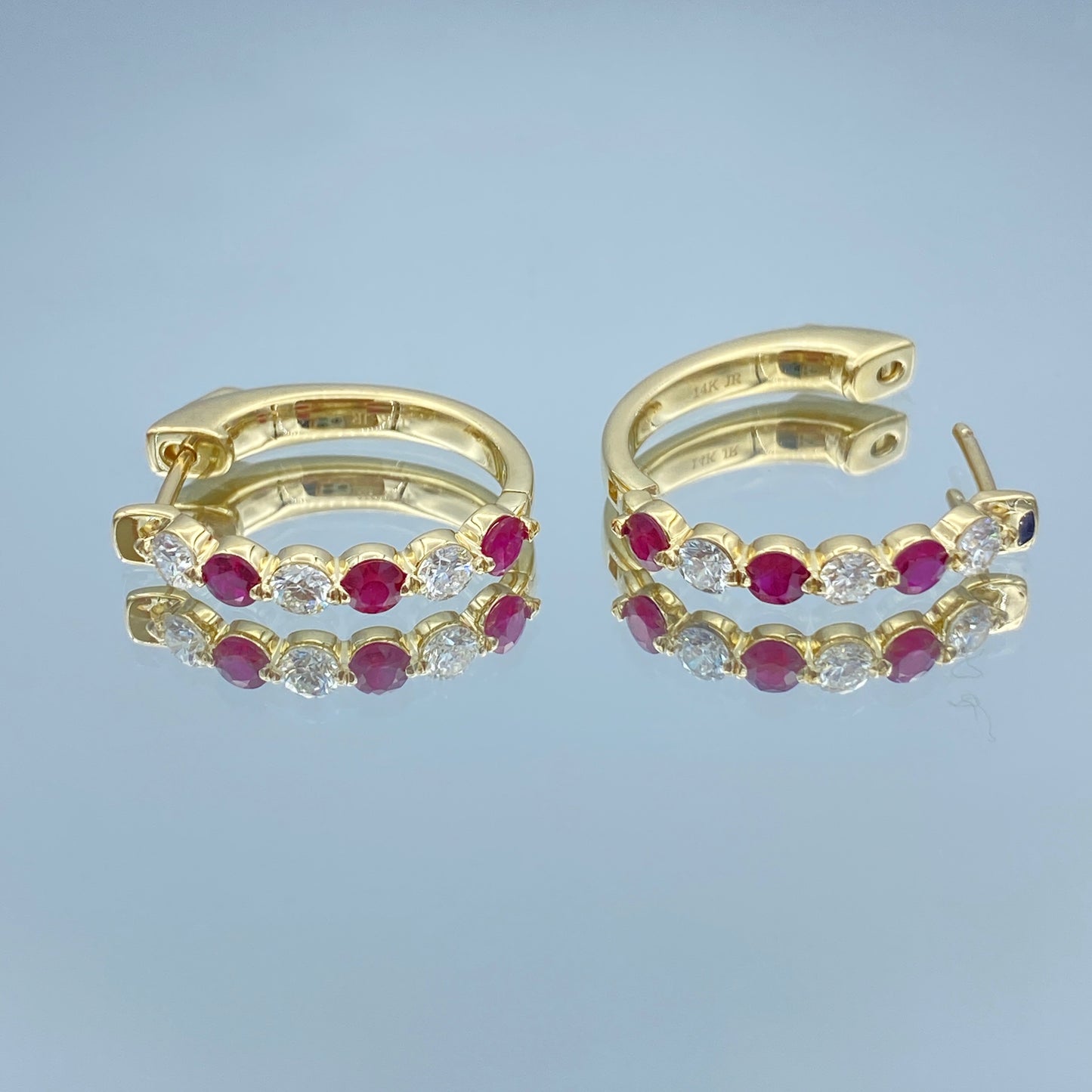 Diamond and Ruby Hoop Earrings in 14K Yellow Gold