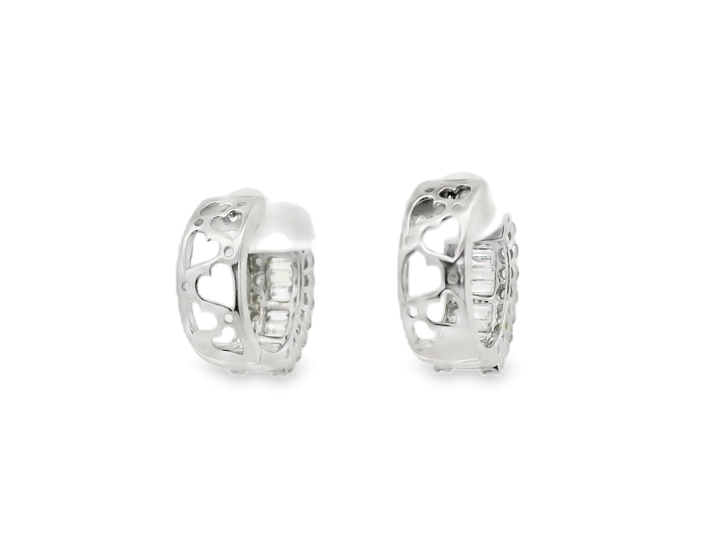 Baguette and Round Cut Diamond Hoop Huggies Earrings in 14K White Gold