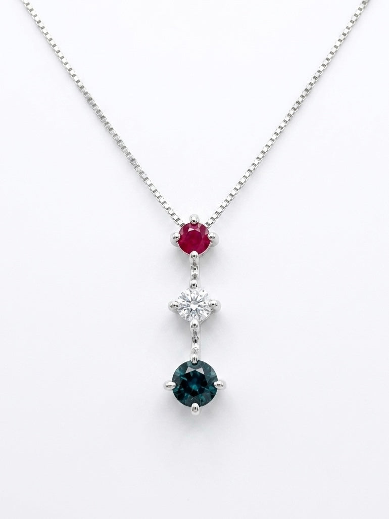 Three Stone Ruby, Diamond, and Sapphire Linear Pendant in 14K White Gold