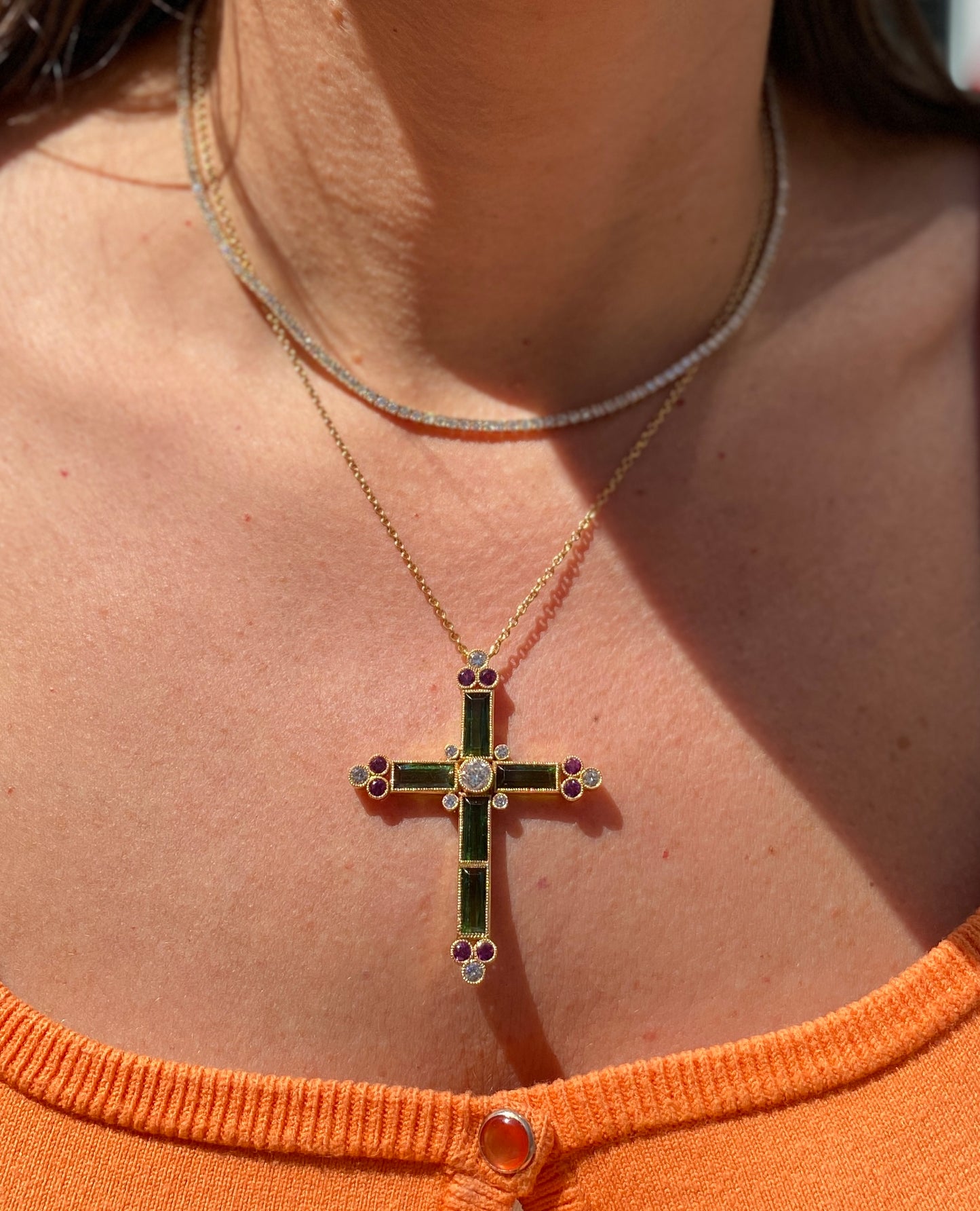 Statement Diamond and Green Tourmaline Cross Pendant Necklace in 18K Yellow Gold