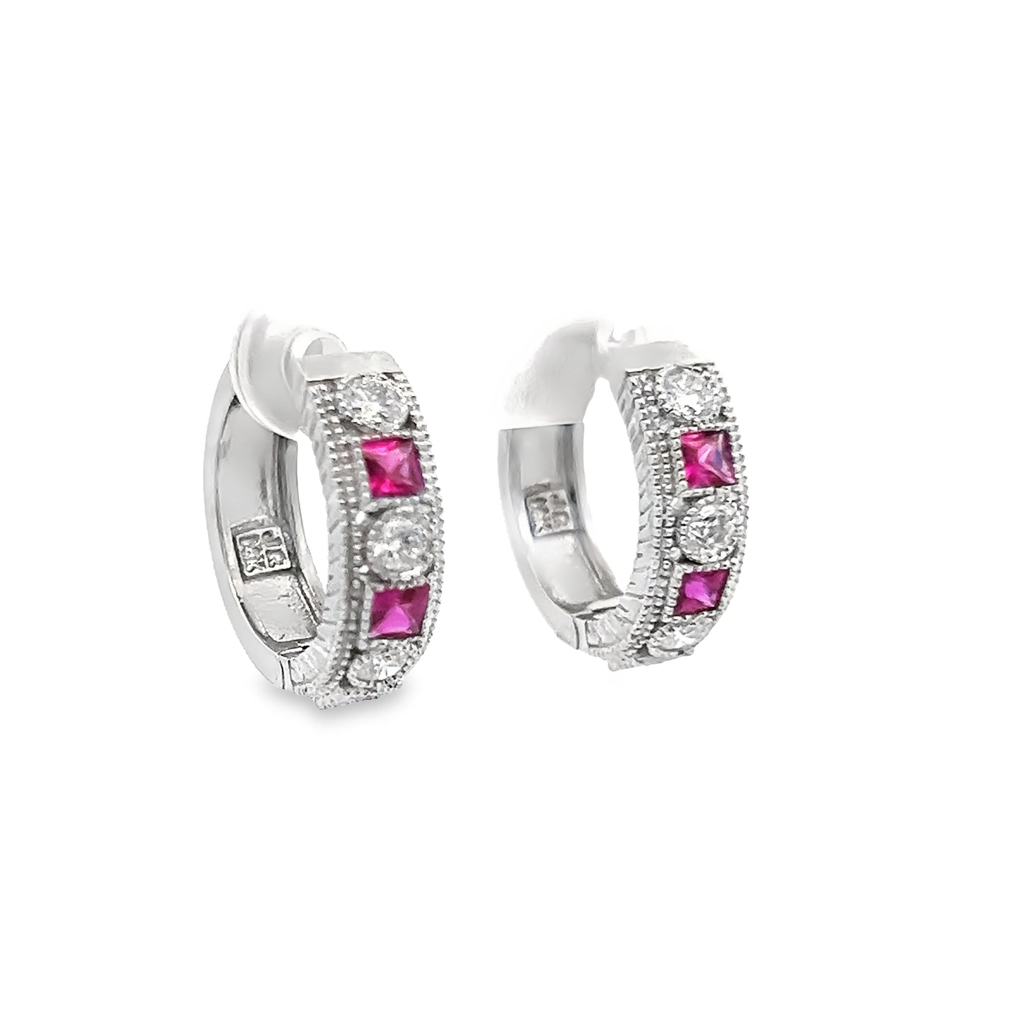 Princess & Round-Cut Ruby and Diamond Huggie Hoop Earrings in 14K Gold