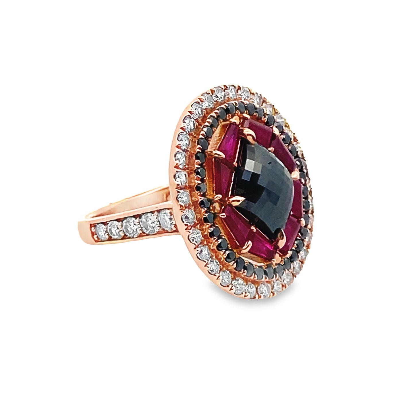 Statement Ring with Ruby, Black and White Diamonds in 14K Rose Gold