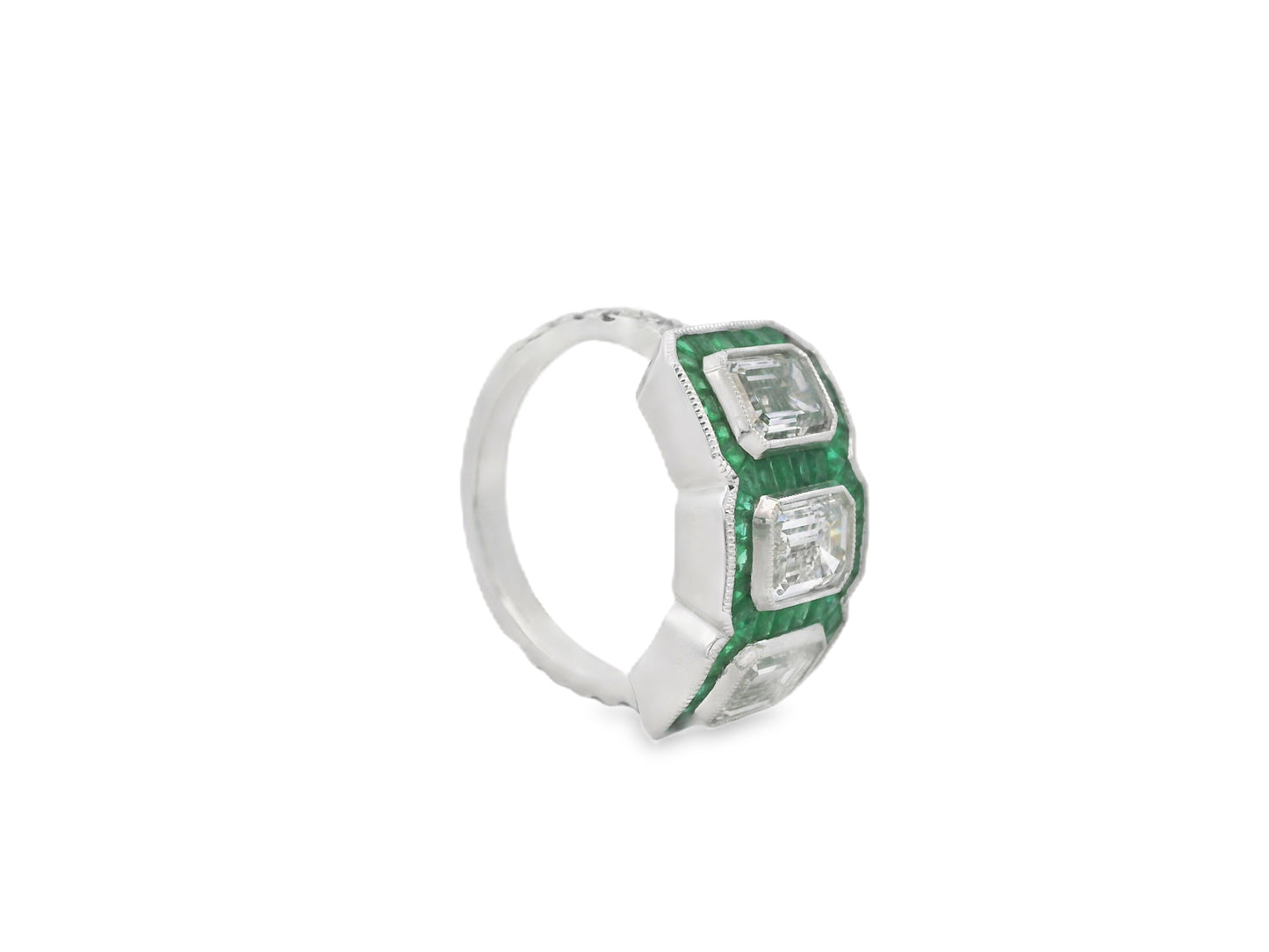 Green Emerald and Diamond Emerald-Cut Three Stone Heirloom Statement Ring