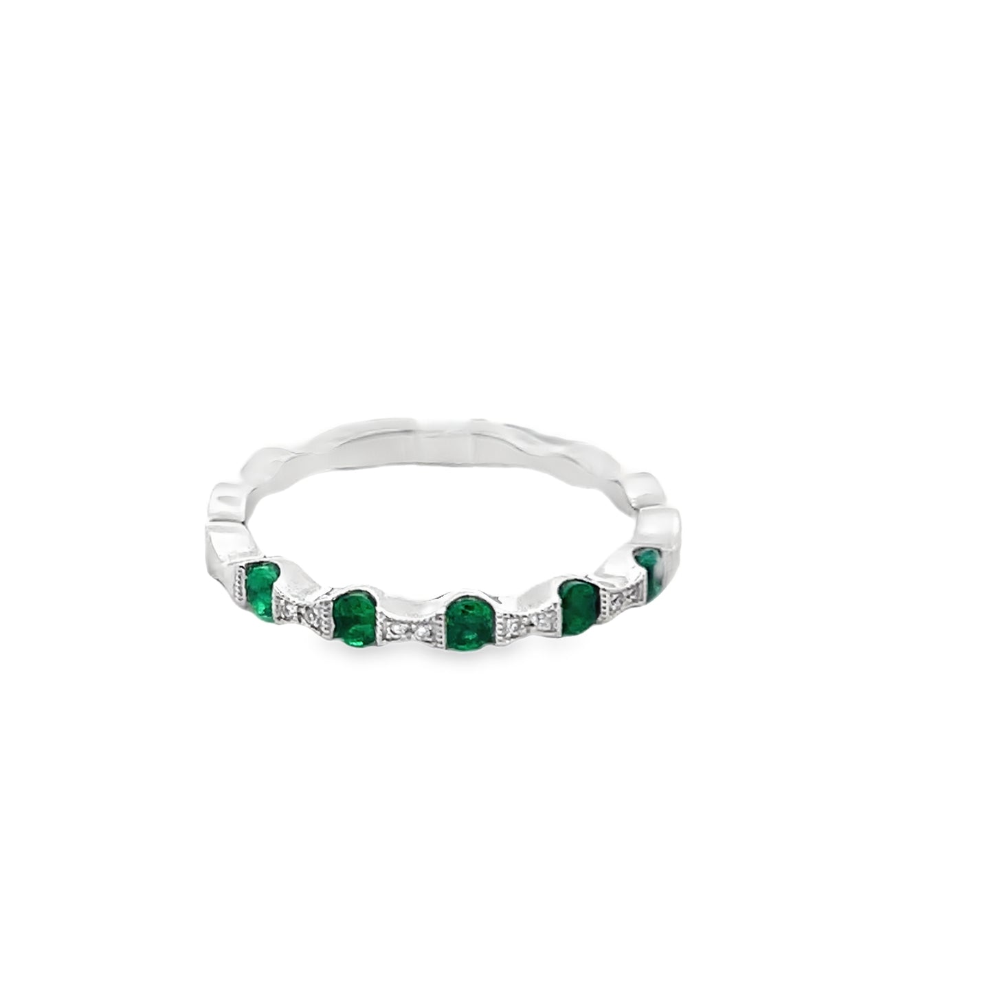 Wavy Emerald and Diamond Gemstone Stackable Ring in 14K White Gold