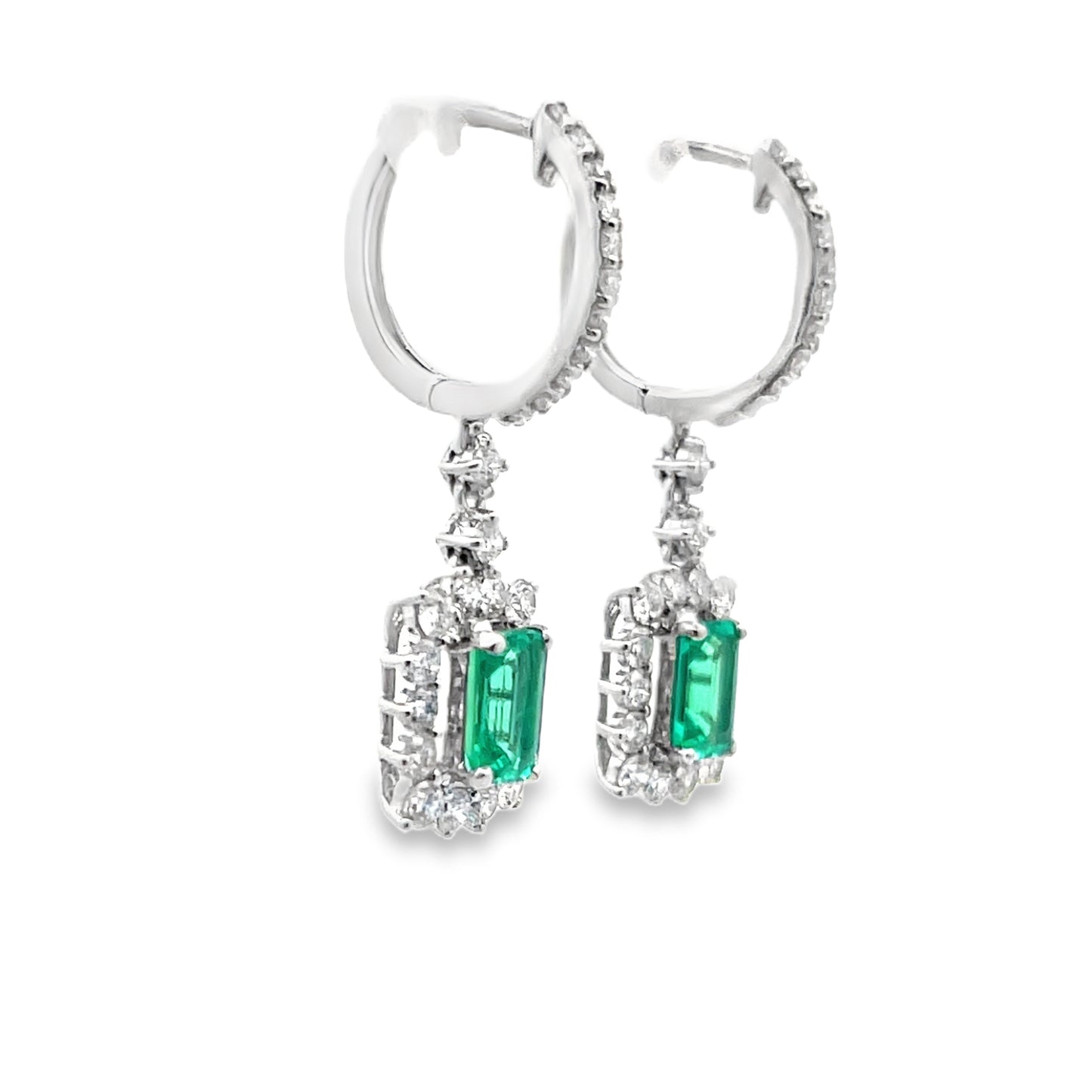 Emerald and Diamond Halo Dangle Earrings in 14K Gold