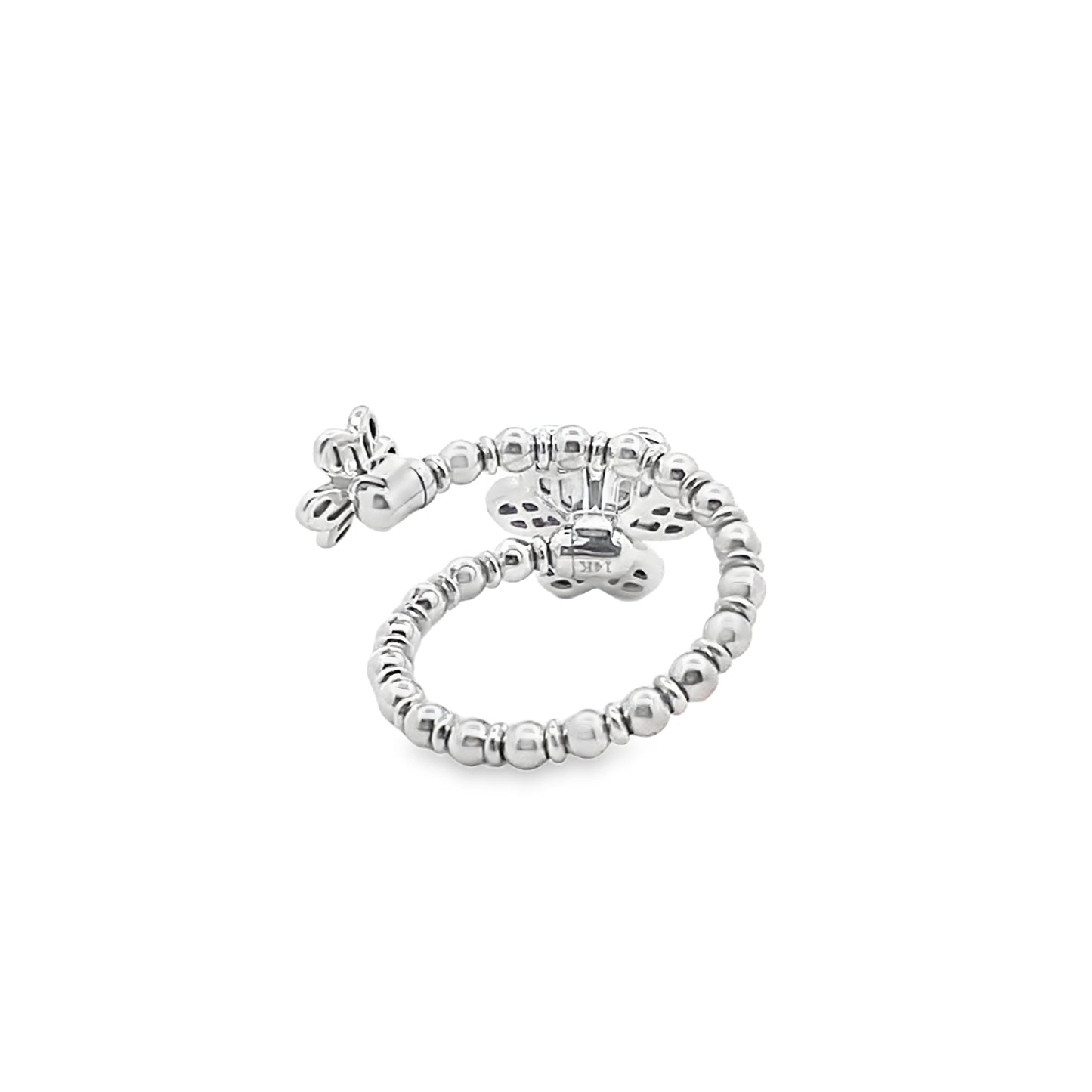 Beaded Double Flower Ring with an Emerald and Diamond Center in 14K White Gold