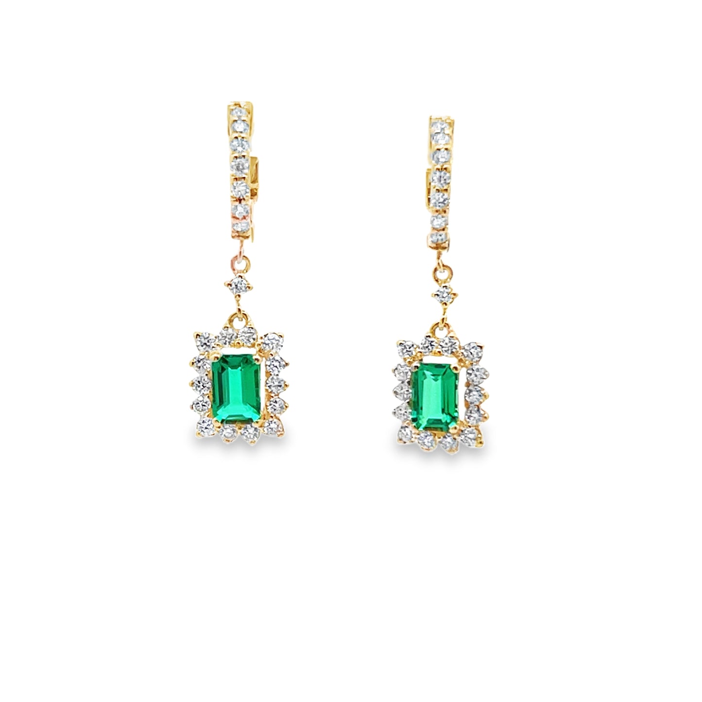 Emerald and Diamond Halo Dangle Earrings in 14K Gold