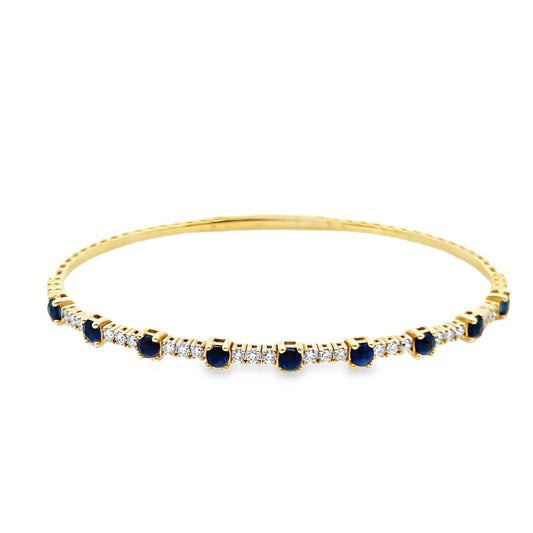 Sapphire or Emerald and Diamond Flexible Bangle Bracelet in 14K Yellow Gold