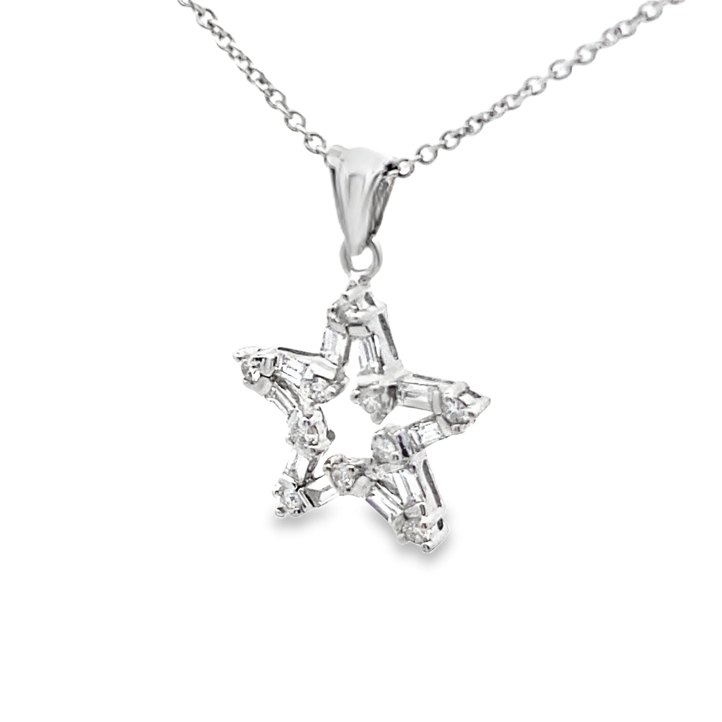 Baguette-Cut and Round-Cut Diamond Star Shape Pendant Necklace in 14K White Gold