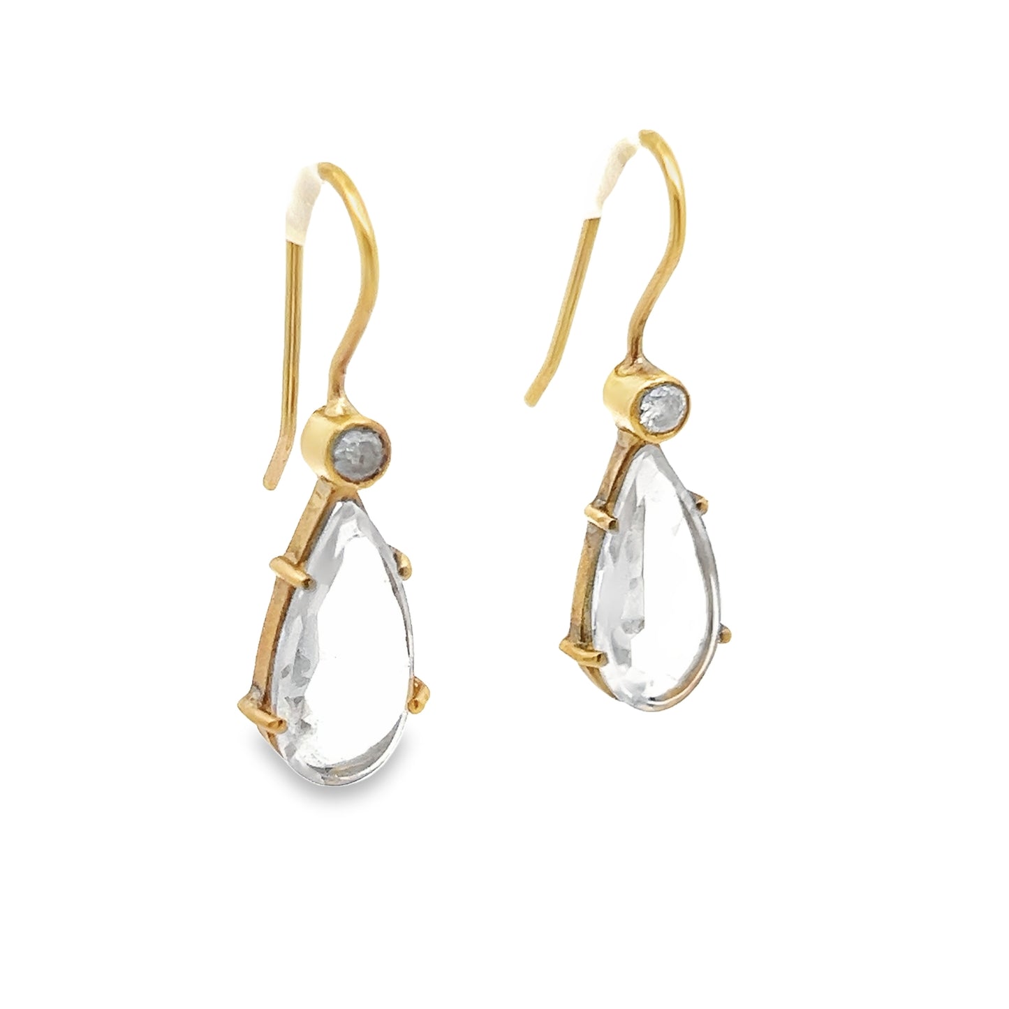 Teardrop Shape Natural Chrystal Drop Earrings with Diamond in 14K Yellow Gold