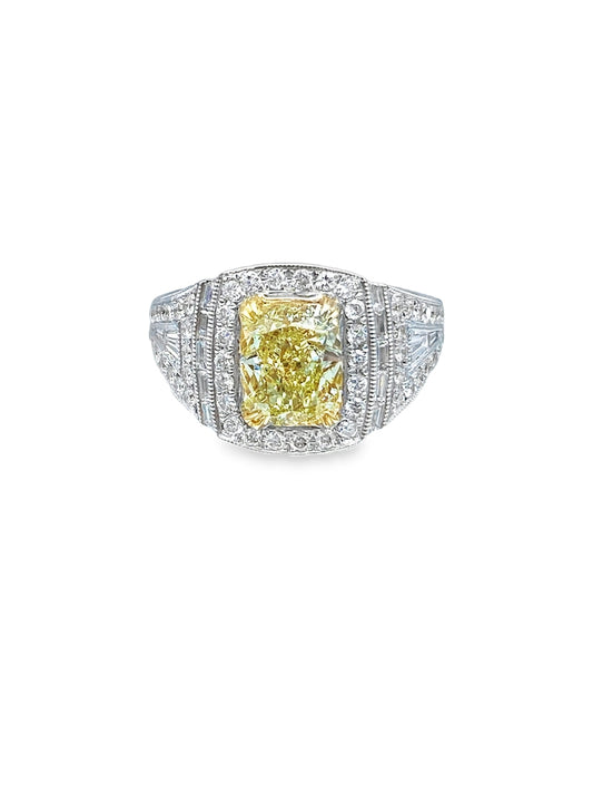 Halo Cushion-Cut Canary Yellow Diamond Engagement Ring in 18 K White Gold