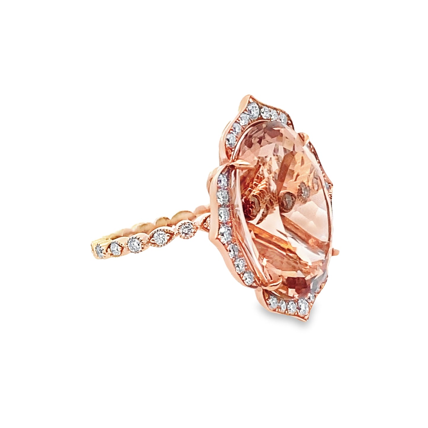 Vintage Look Morganite and Diamond Statement Ring in 14K Rose Gold