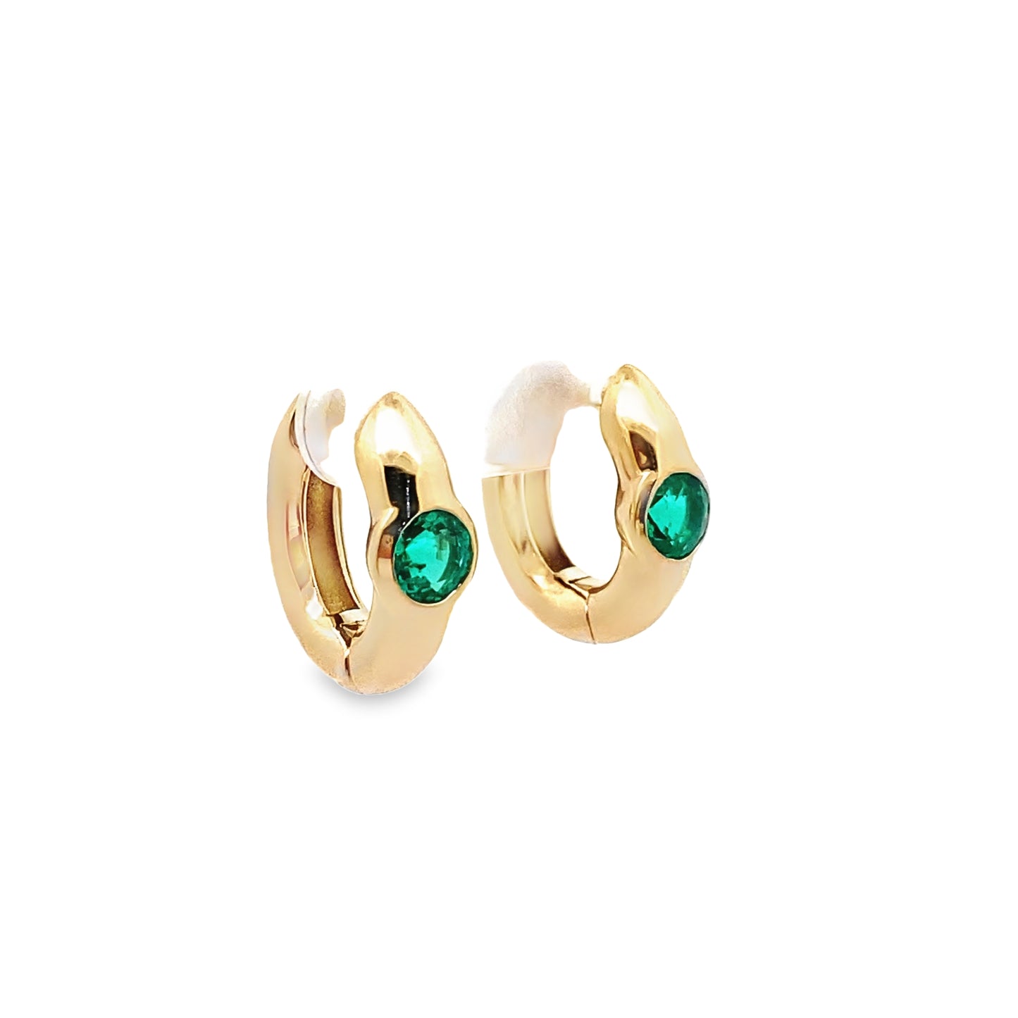 Chunky Emerald and Diamond Huggie Hoop Earrings in 14K Gold