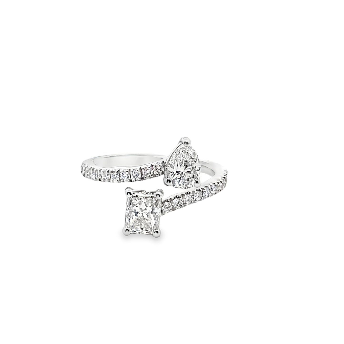 Emerald and Pear Cut Open Diamond Ring in 14K Gold