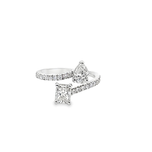 Emerald and Pear Cut Open Diamond Ring in 14K Gold