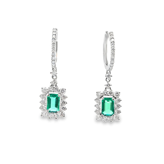 Emerald and Diamond Halo Dangle Earrings in 14K Gold