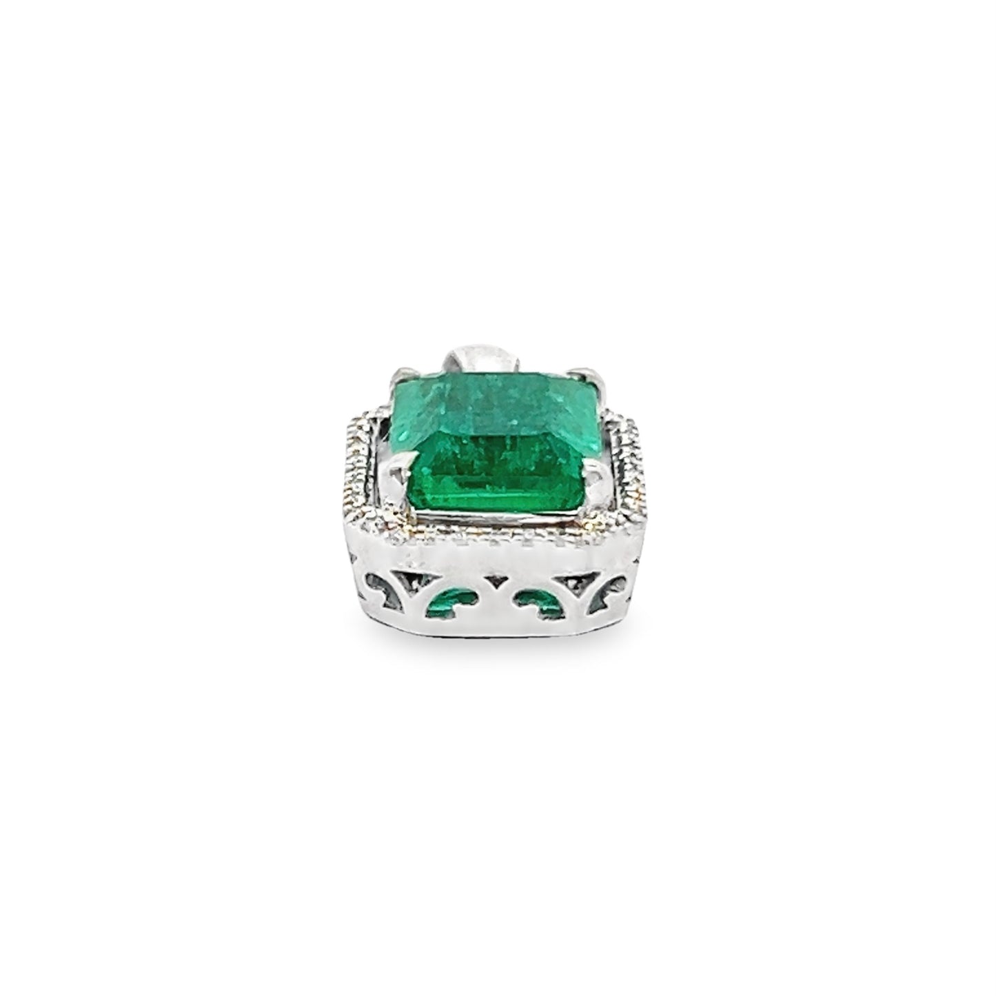 Emerald Stone Pendant Diamond Halo in 14K White Gold