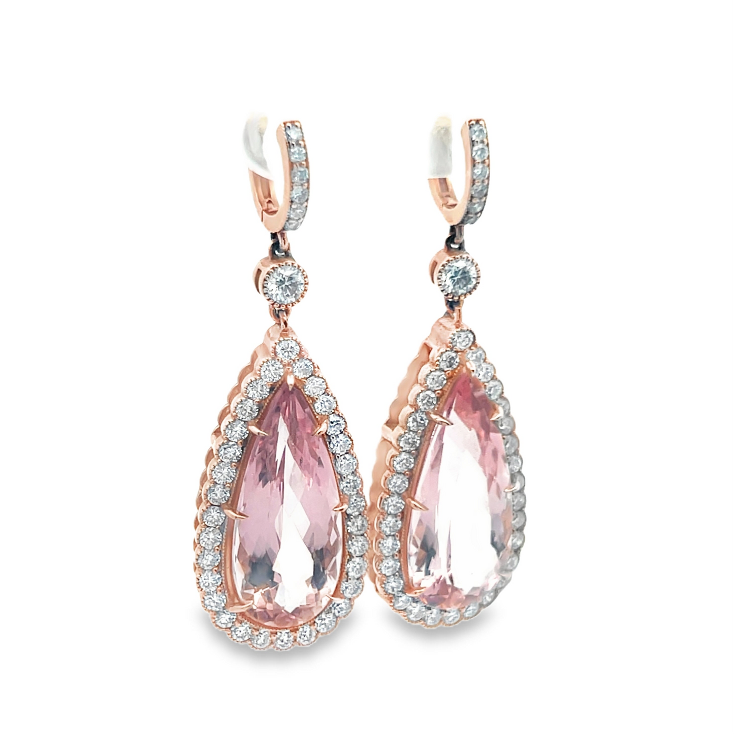 Pear-Shape Morganite Drop Earrings with Diamond Halo in 14K Rose Gold