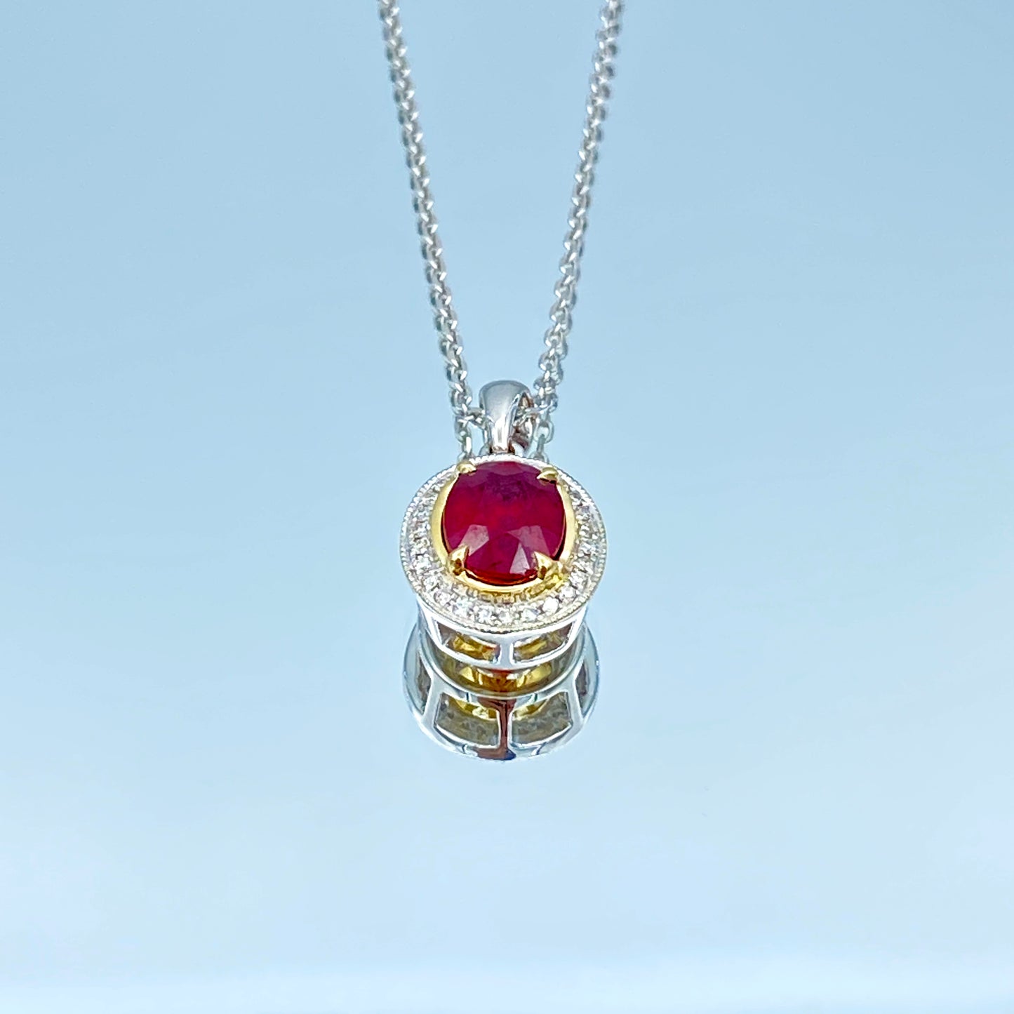 Ruby Pendant Necklace with a Diamond Halo in 14K White Gold - L and L Jewelry