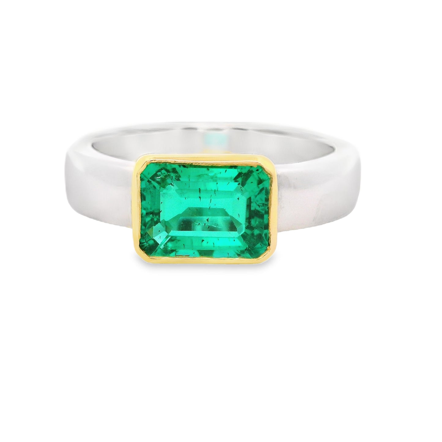 Sideways Green Emerald Ring in Platinum and Yellow Gold