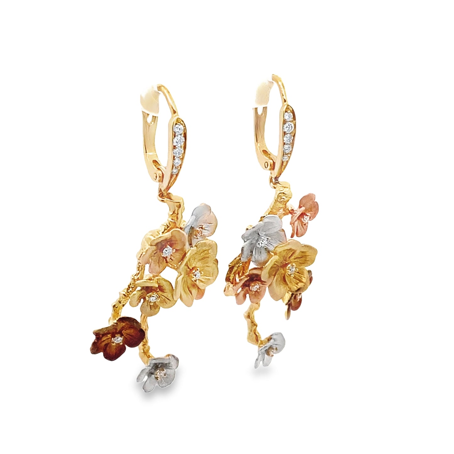 Dangly Flower Earrings in 14K Yellow Gold and Diamonds