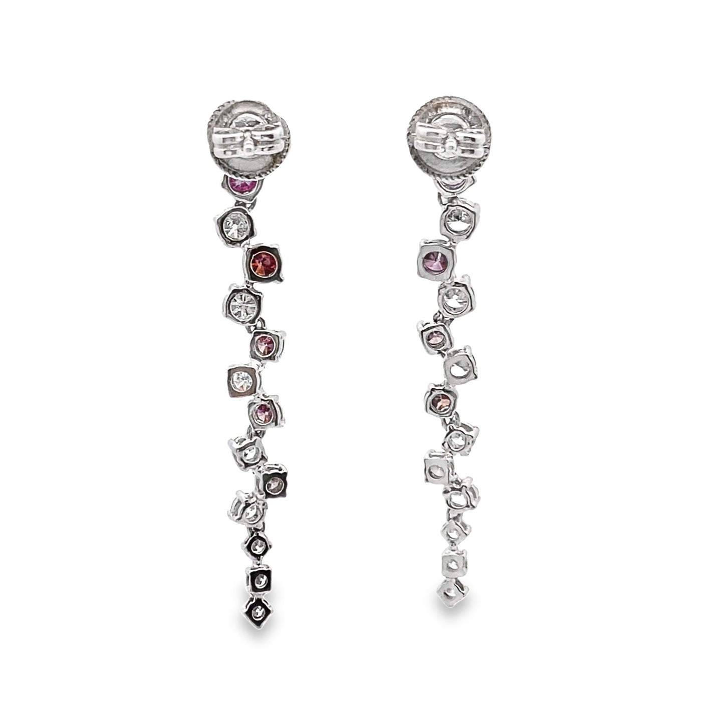 Purple and White Diamond Dangly Linear Drop Earrings in 14K White Gold