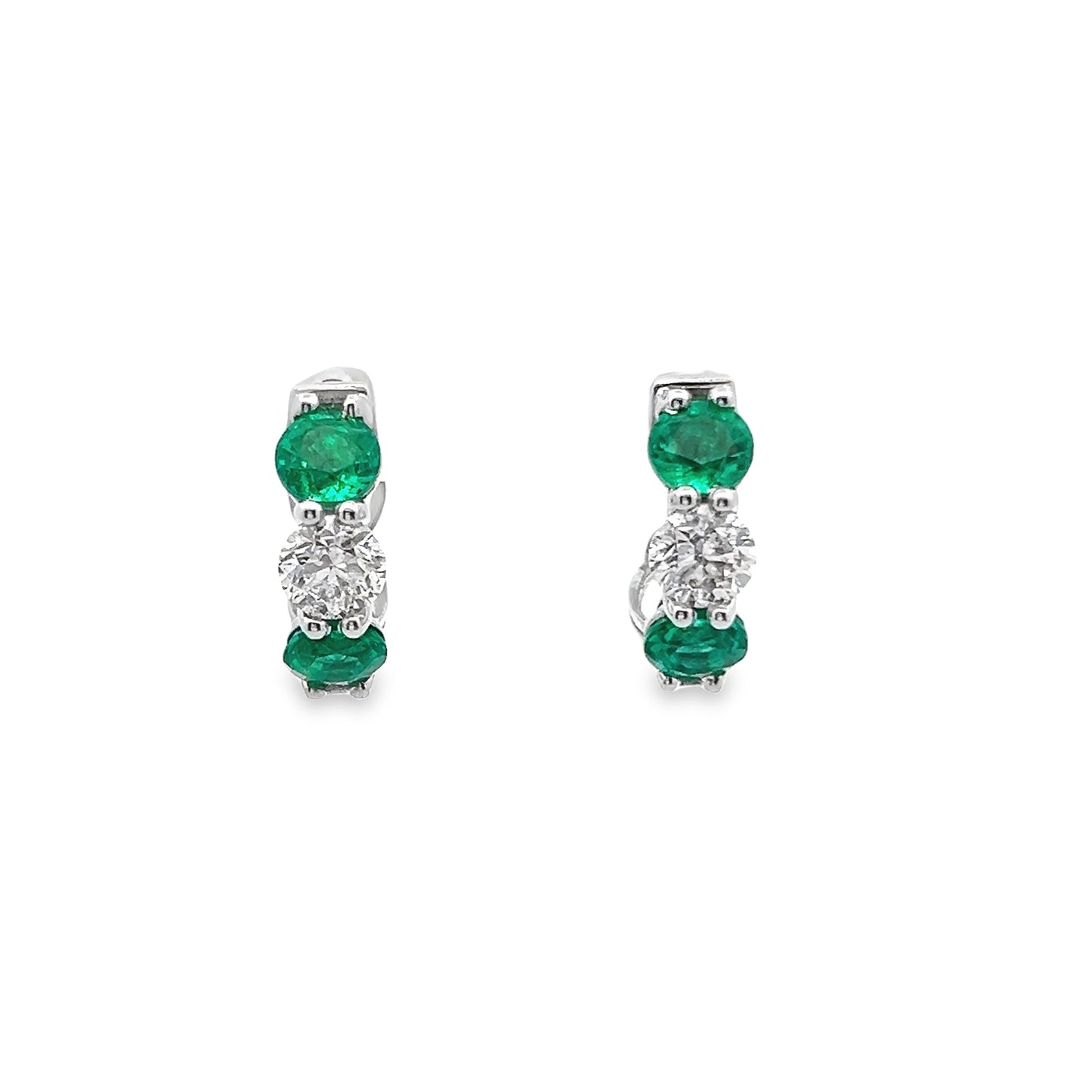 Alternating Emerald and Diamond Hoop Earrings in 14K White Gold