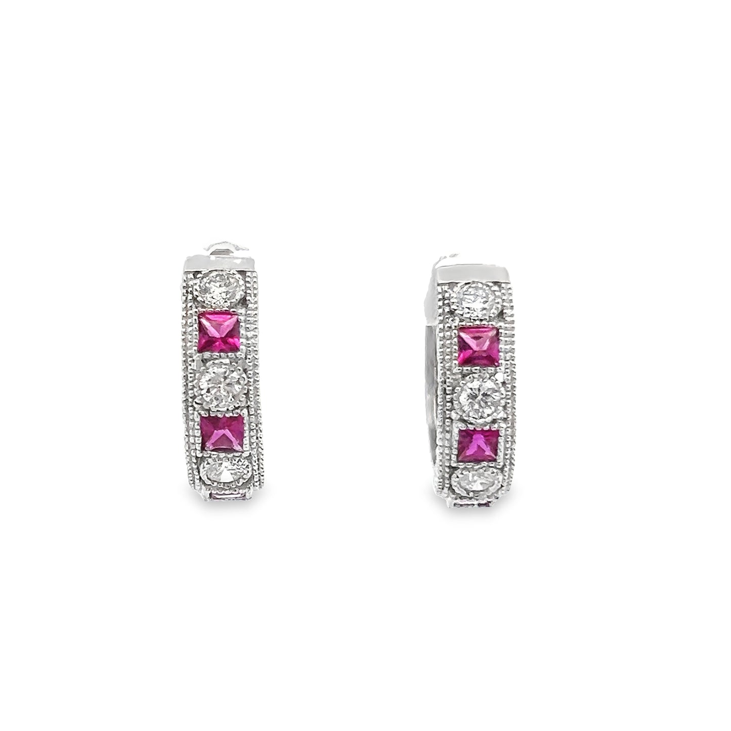 Princess & Round-Cut Ruby and Diamond Huggie Hoop Earrings in 14K Gold