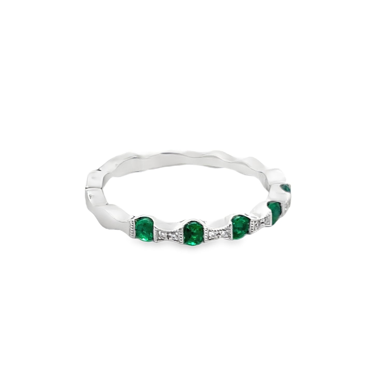 Wavy Emerald and Diamond Gemstone Stackable Ring in 14K White Gold