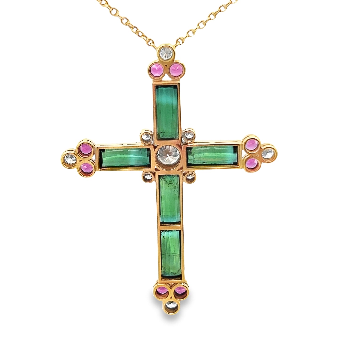 Statement Diamond and Green Tourmaline Cross Pendant Necklace in 18K Yellow Gold