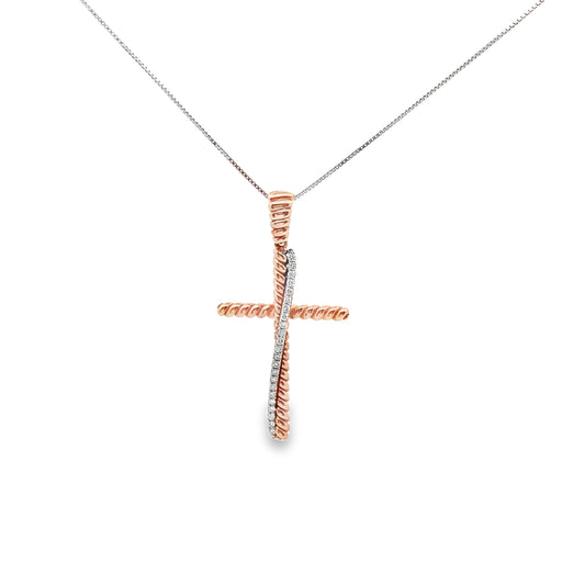 Wrap Around Diamond Cross Necklace in 14K White and Rose Gold