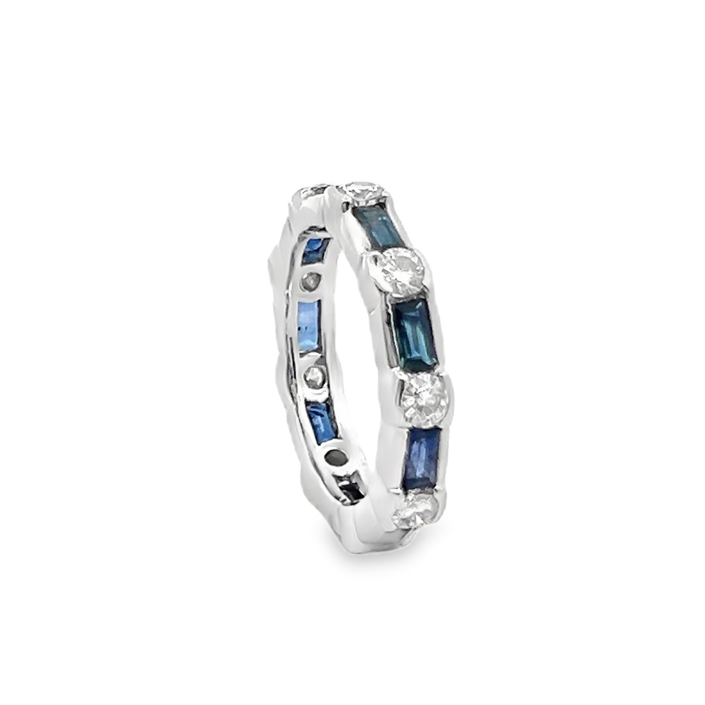 Baguette Cut Sapphire and Round Cut Diamond Eternity Ring in 14K White Gold