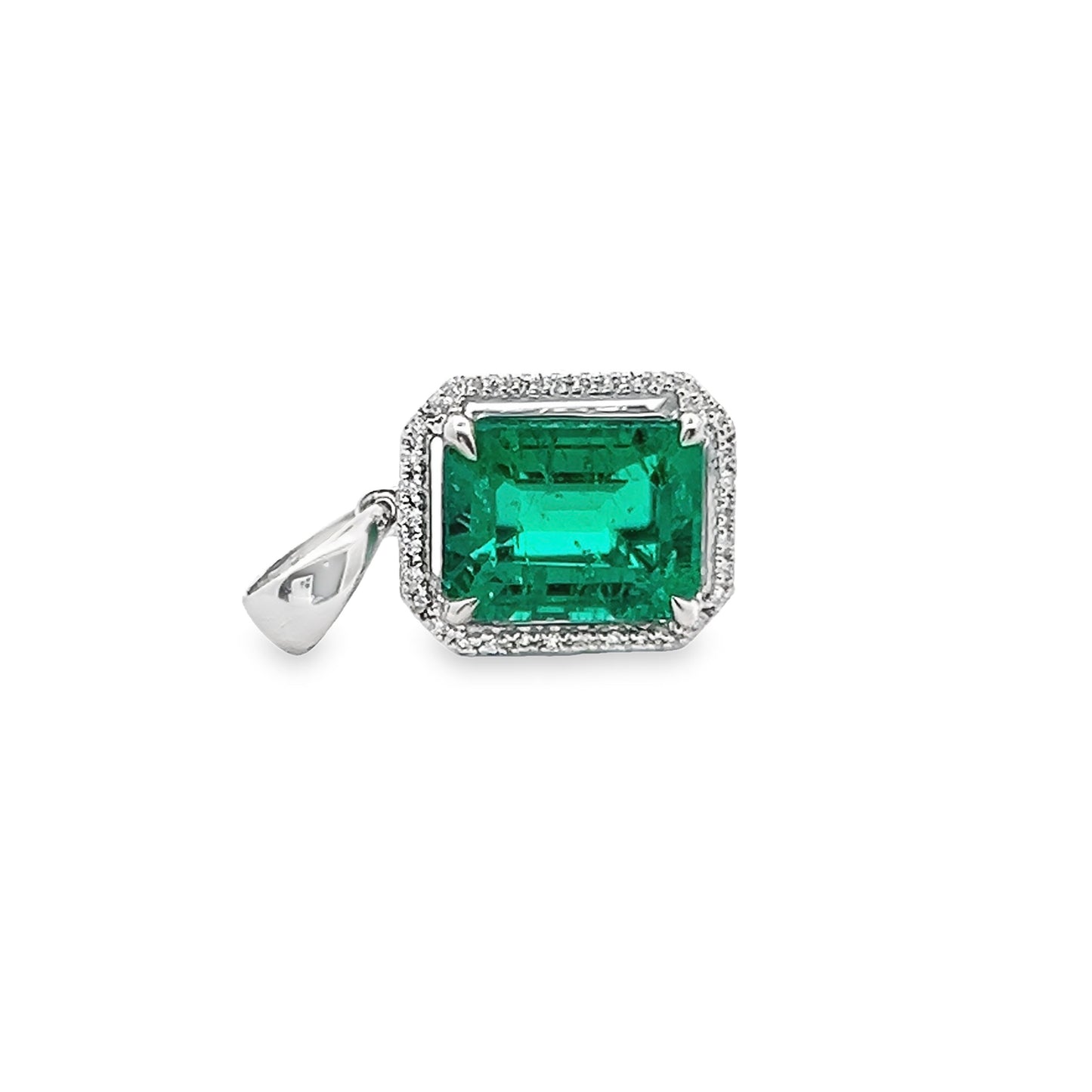 Emerald Stone Pendant Diamond Halo in 14K White Gold