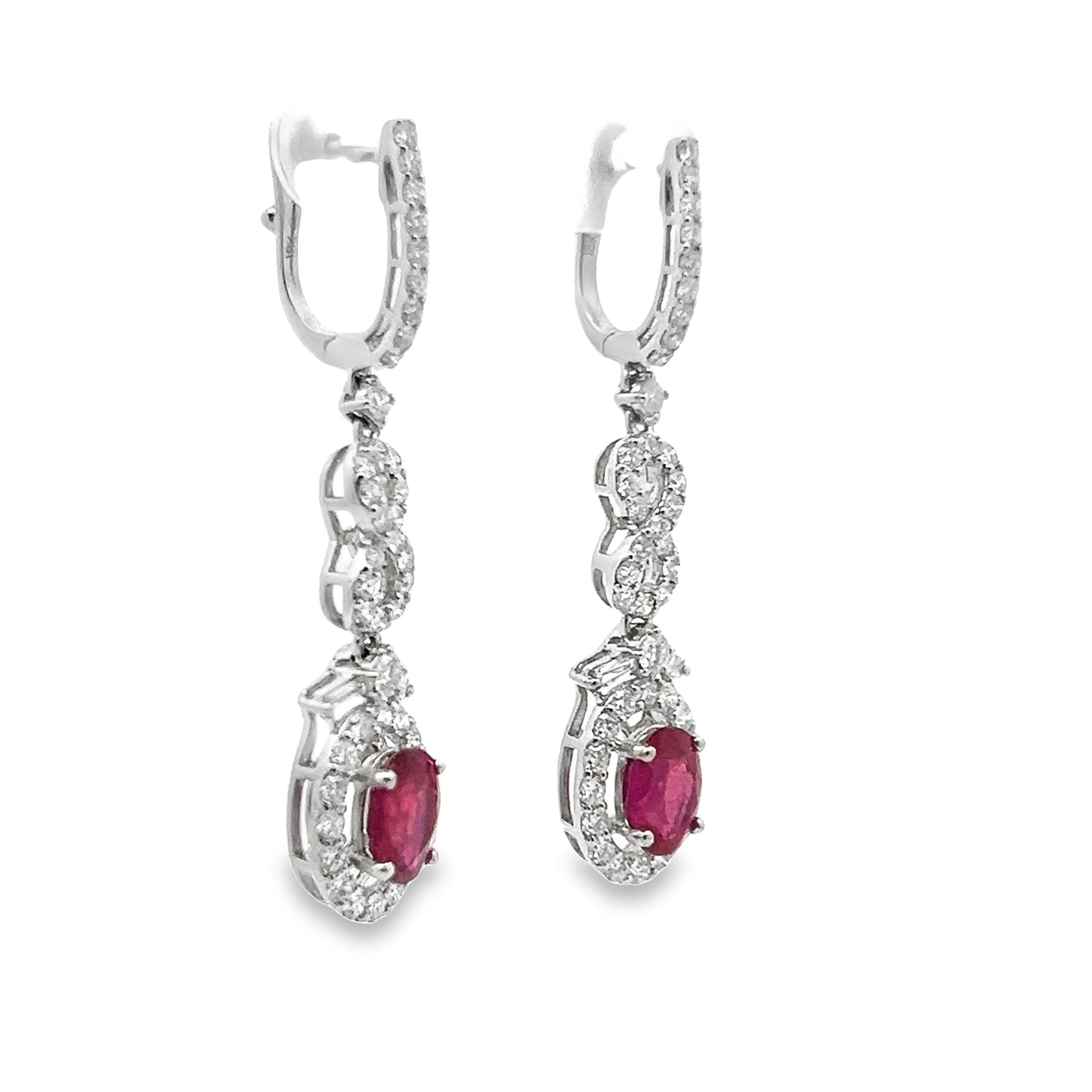 Ruby Lever back Dangle Earrings with Diamond Halo in 18K White Gold