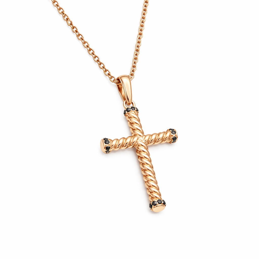 Black Diamond Bead Cross Pendant Necklace in 14K Rose Gold